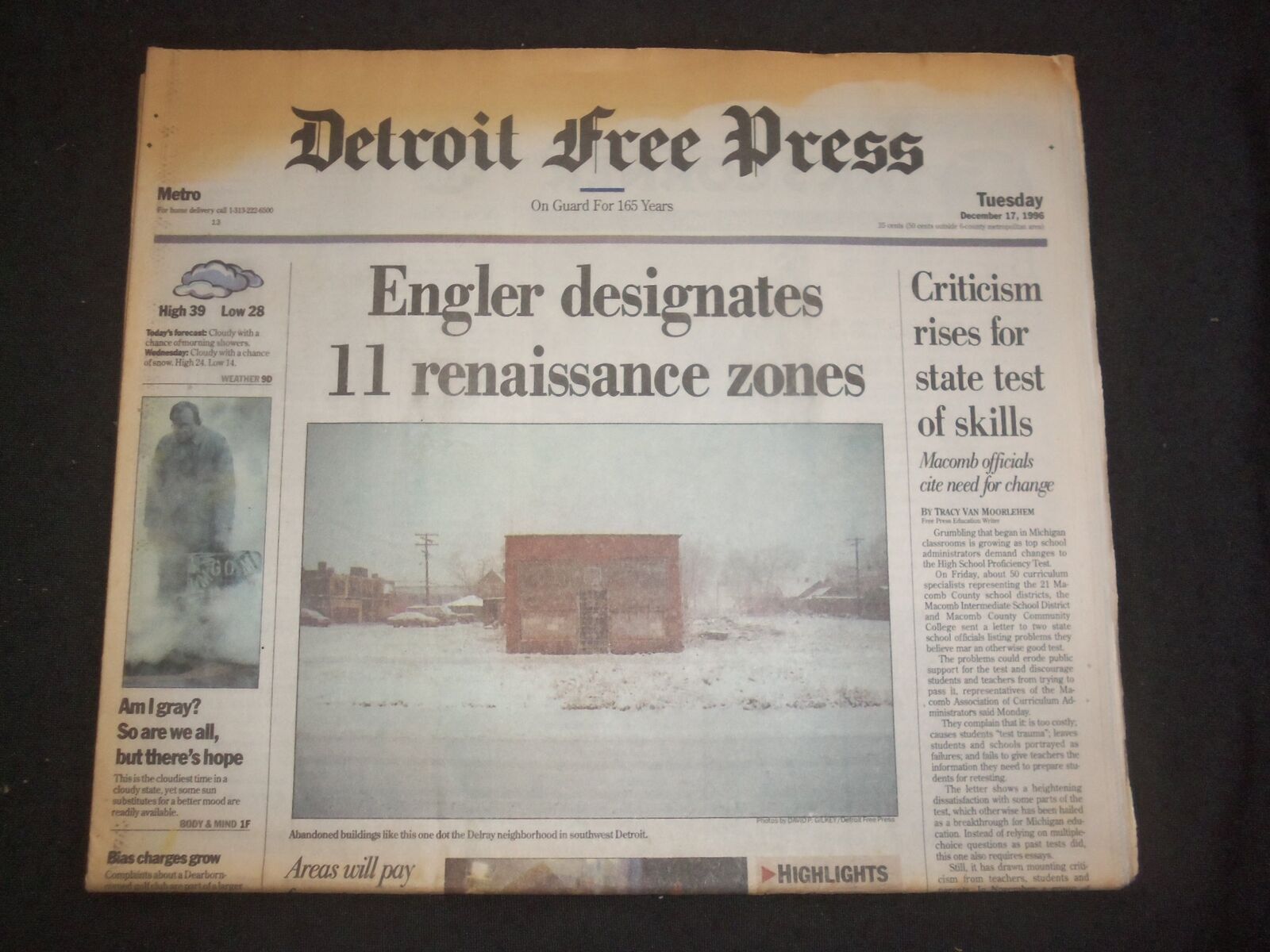 1996 DEC 17 DETROIT FREE PRESS NEWSPAPER - ENGLER 11 RENAISSANCE ZONES- NP 7634