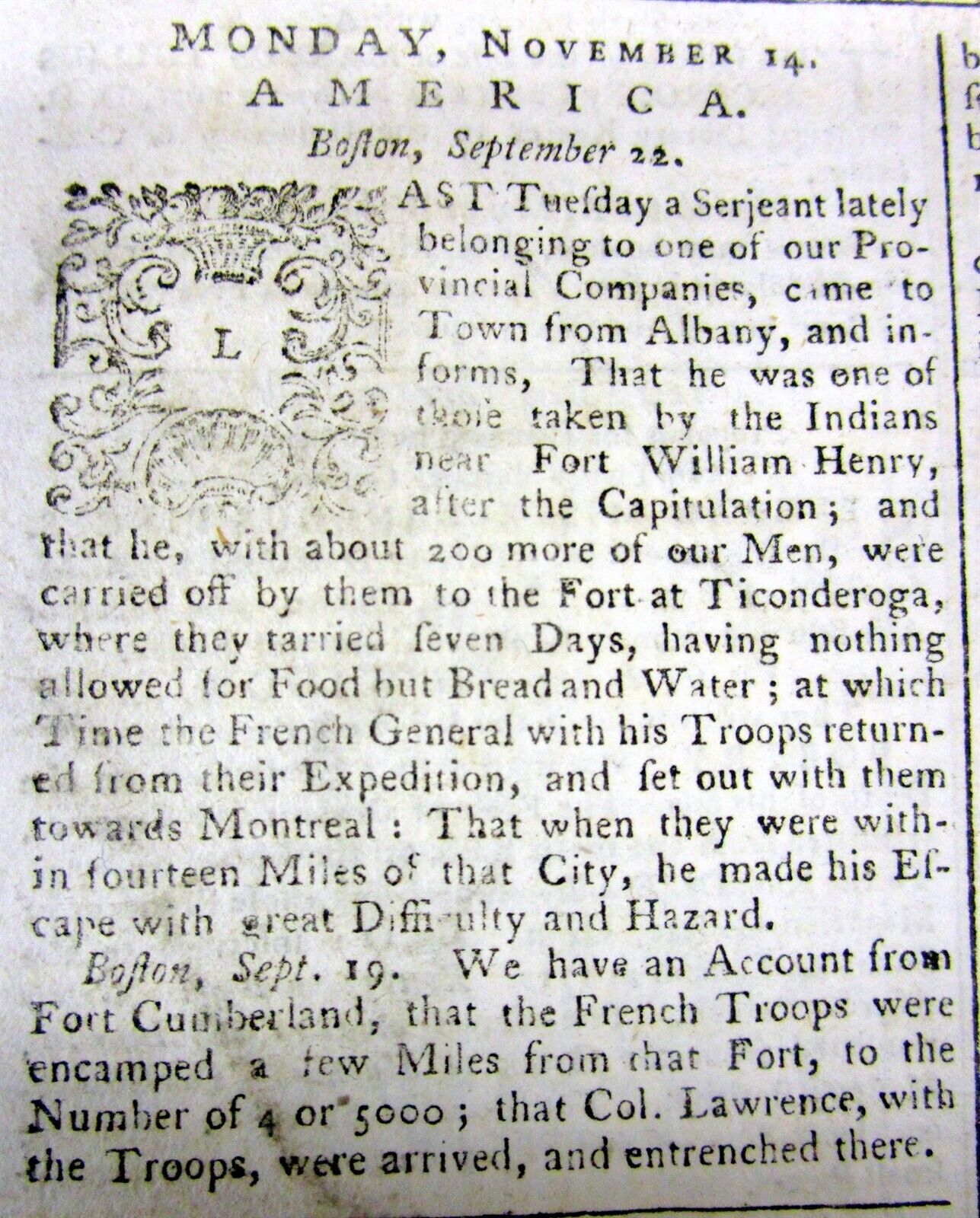 1757 newspaper CAPITULATION of FT WILLIAM-HENRY to French in FRENCH & INDIAN WAR