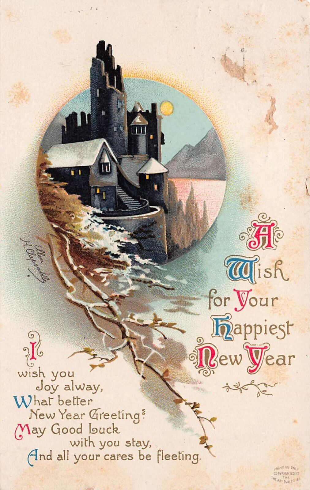 Clapsaddle New Year Card Spooky Haunted Castle Gothic Moonlight Vtg Postcard D19