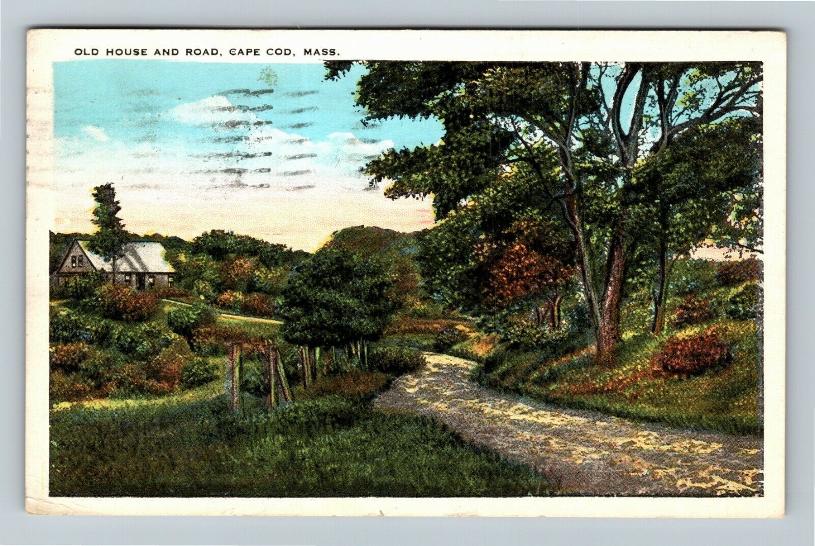 Cape Cod MA-Massachusetts, Old House And Road, Outside, c1929 Vintage Postcard