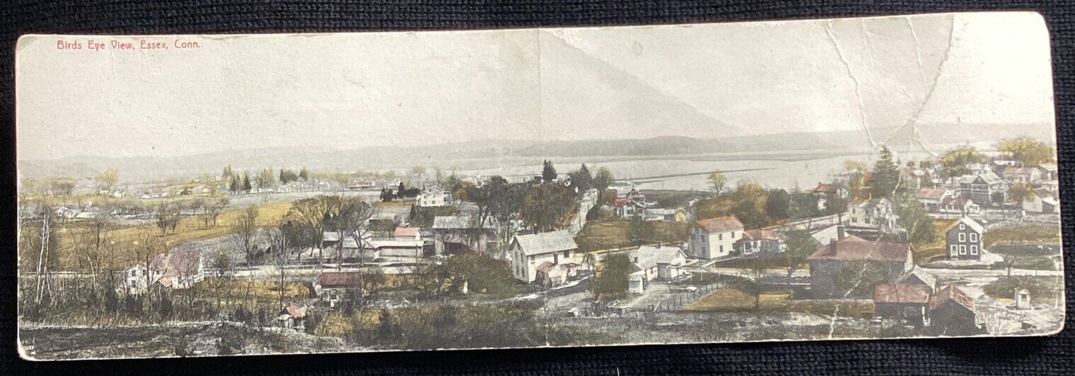 RARE LARGE Panoramic Birds Eye View Essex Connecticut CT Postcard Flaws 11” Long