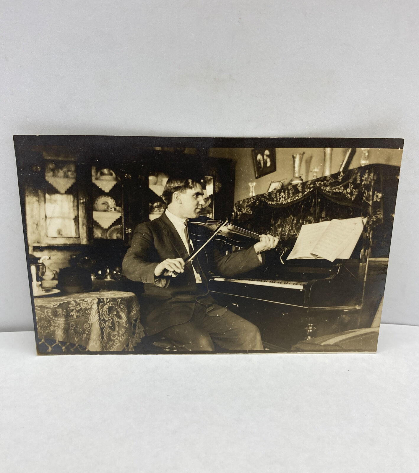VIOLINIST antique real photo postcard rppc MAN PLAYING VIOLIN c1920’s Rare