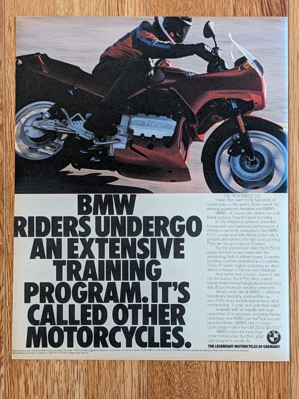 1987 BMW Motorcycle K75S VTG Vintage Print Ad Advertisement