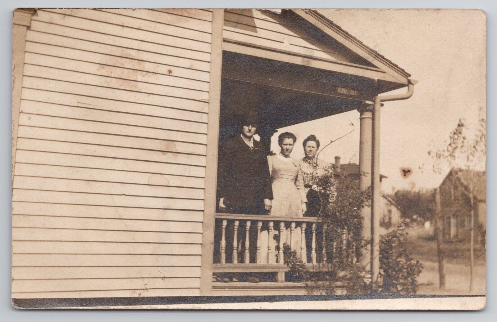 c1909 Postcard Residence People Standing On Porch Pose Rppc Union City IN