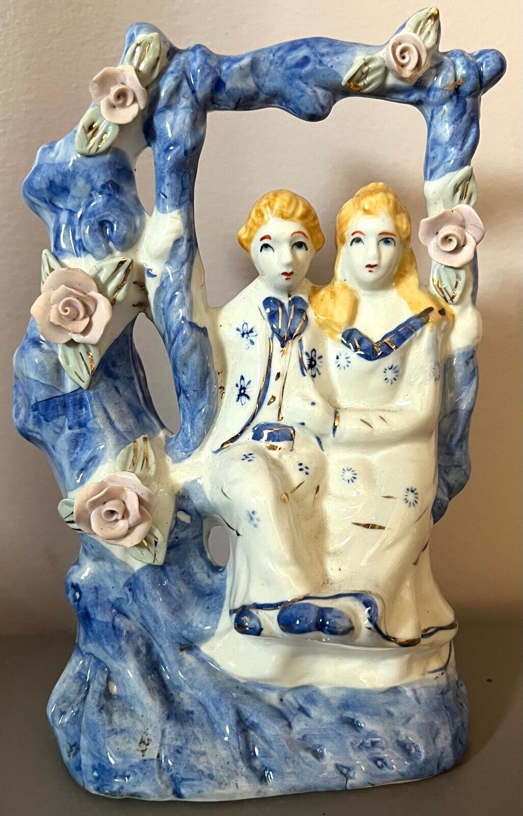 Romantic Couple on a Swing with Roses Figurine from China Vintage
