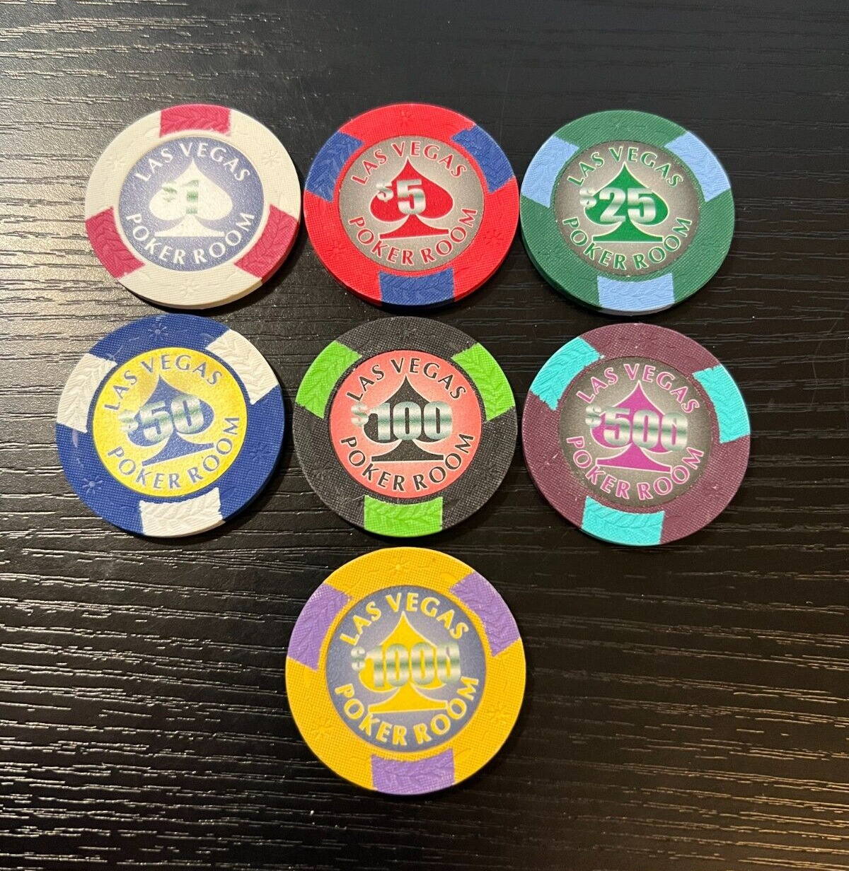 SET OF 7 - Las Vegas Poker Room Poker Chips - Sample Set - New - $1 $5 $ 10 $25