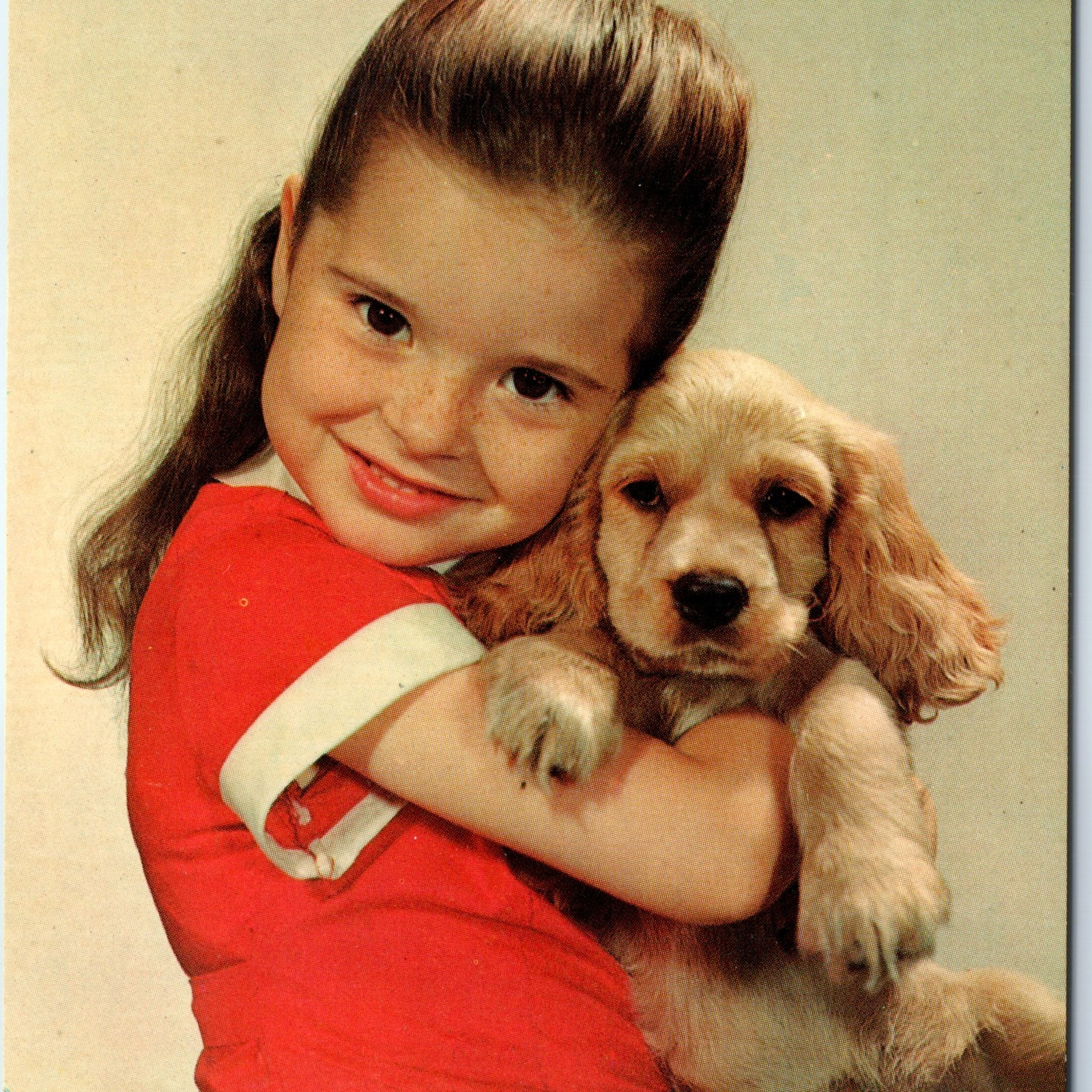 c1960s Adorable Little Girl Hugs Dog Cocker Spaniel Puppy Pet Pup Child PC A231