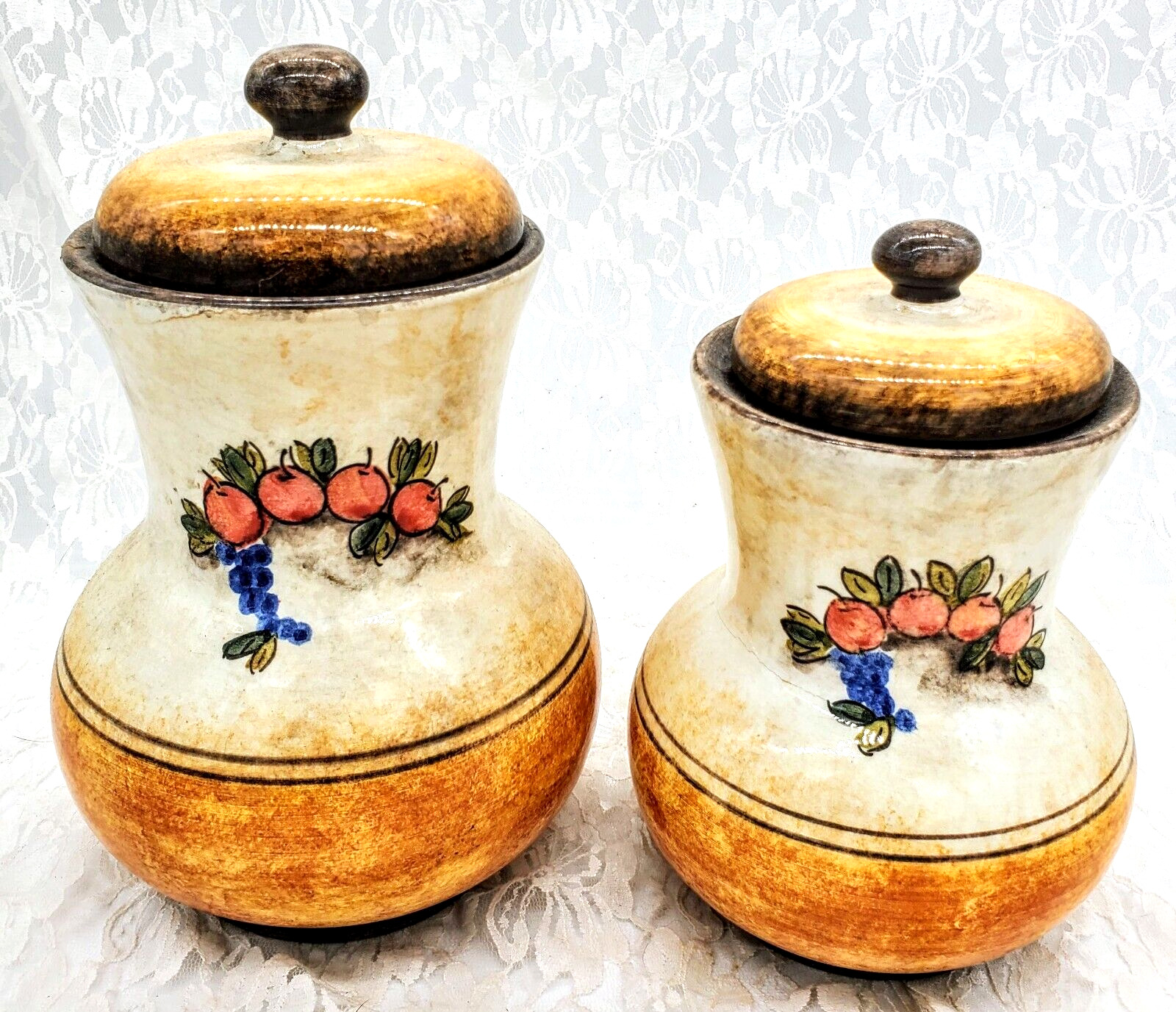 LOT (2) VINTAGE Horchow Pottery Canister Lidded Jars Italian Kitchen Decor ITALY