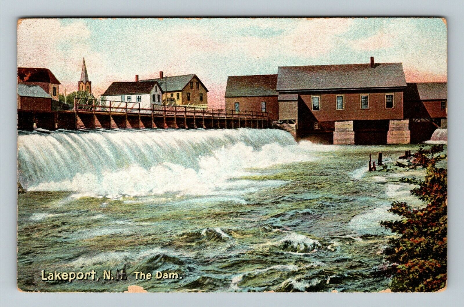Lakeport NH-New Hampshire, The Dam, c1907 Vintage Souvenir Postcard