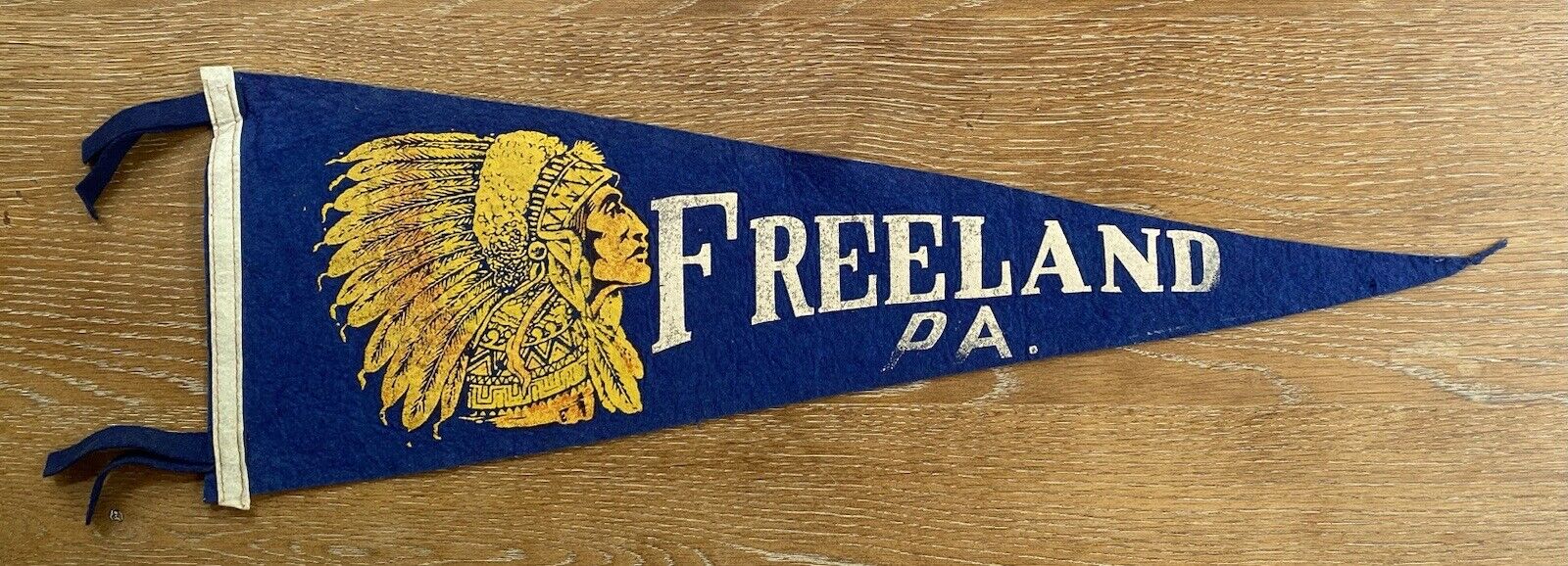 Vintage 1940's Freeland PA 26 Inch Pennant w/ Native American Chief Graphic Old