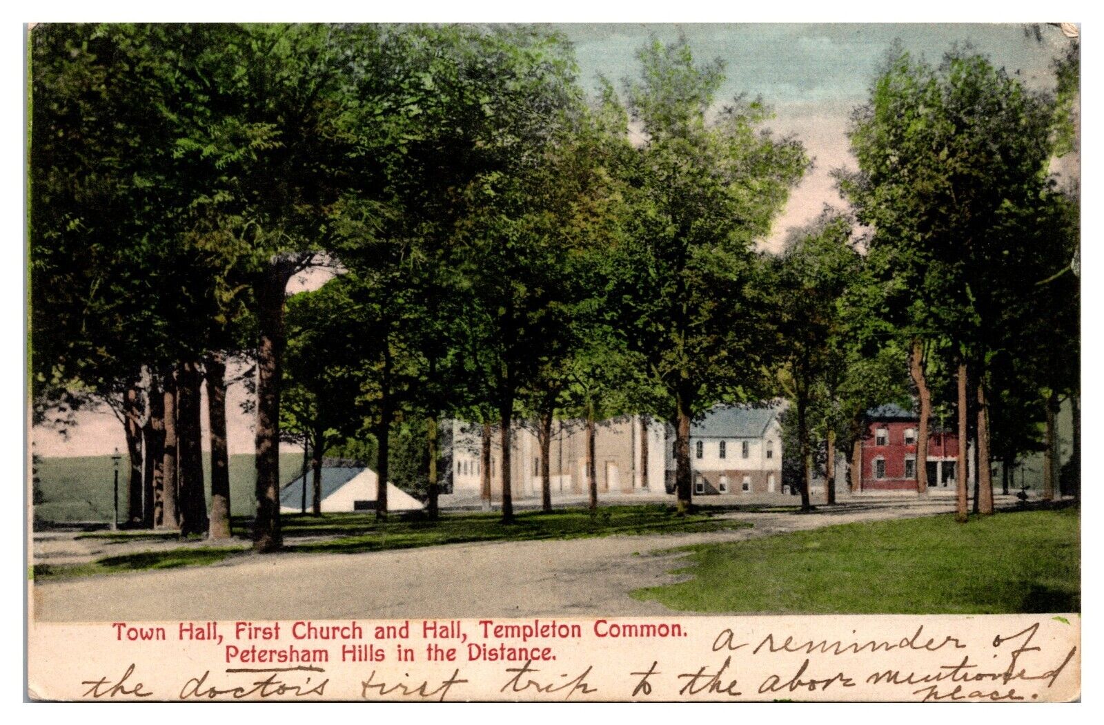 1906 Town Hall, First Church & Hall,  Common, Templeton, MA Postcard