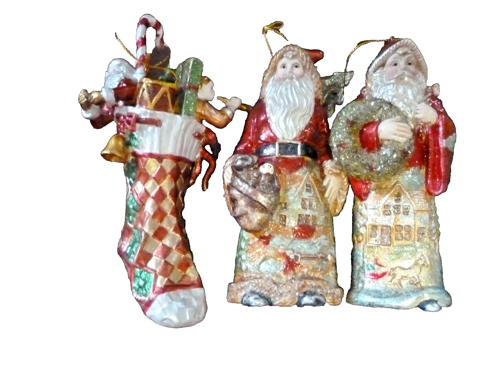 Old World Glitter Glass Christmas Ornaments Lot of 3
