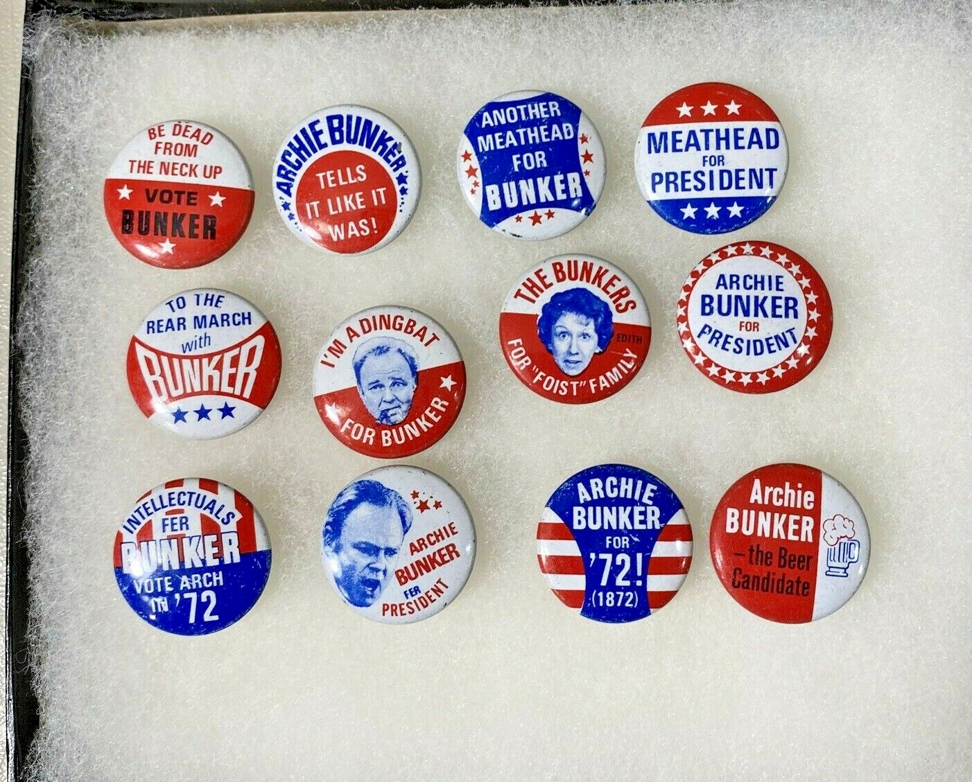 Vintage Rare 1972 Archie Bunker All in the Family Pin-Back Buttons Set of 12.