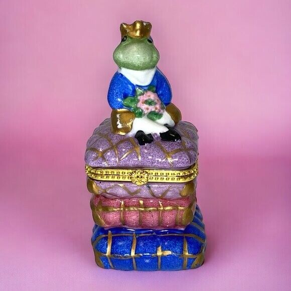 Vintage Ceramic 1990s Frog Prince Gold Crown Trinket Box Candle Bombay *read*