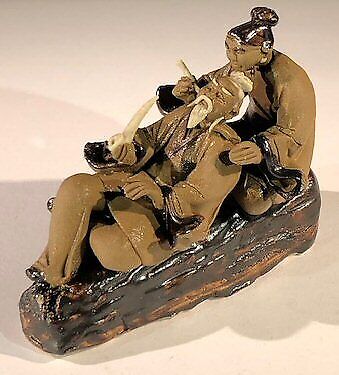 Mud Man & Women On Log Smoking Pipe Ceramic Bonsai Figurine Size 2.5\