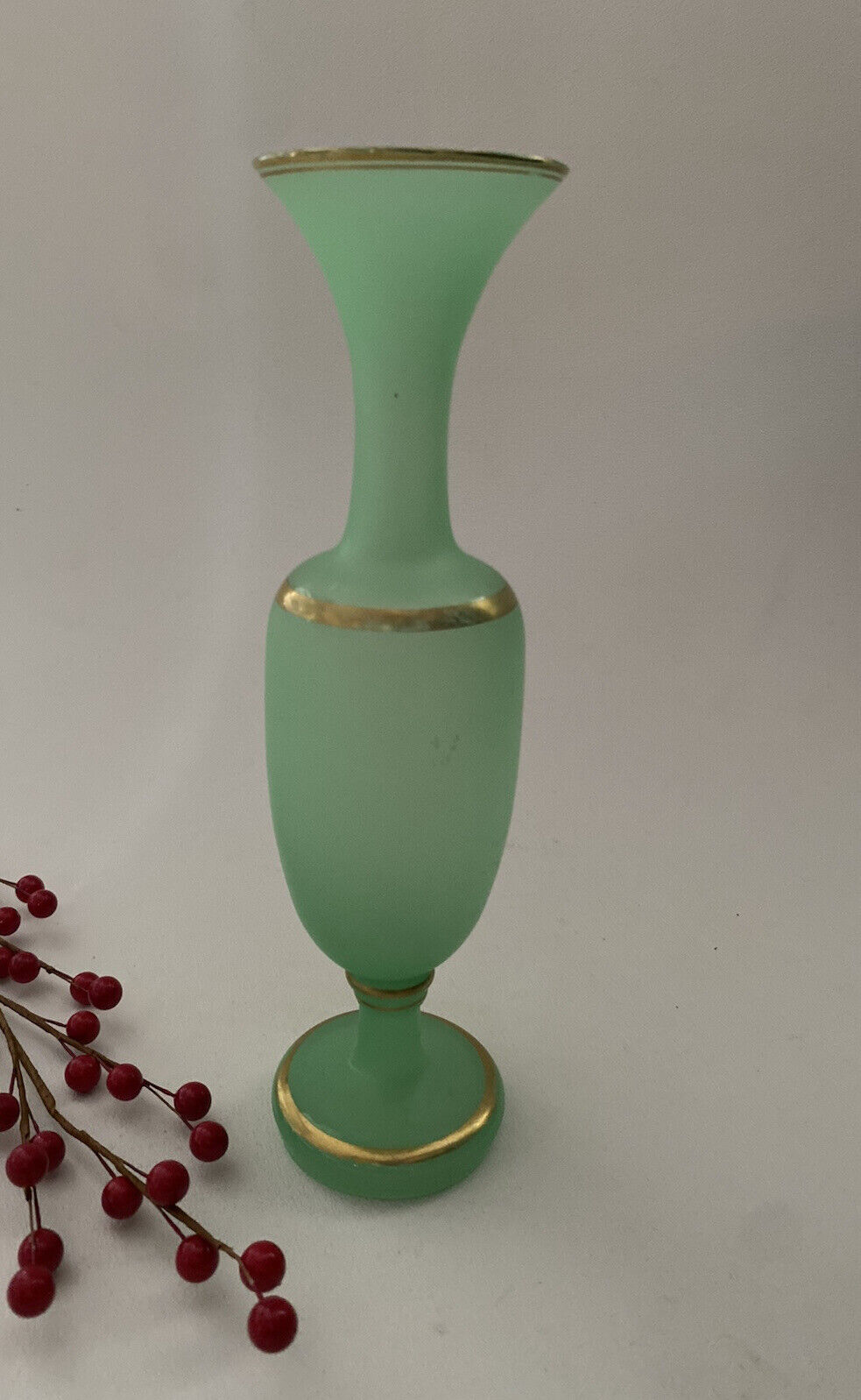 Antique French Opaline Green Glass Vase / Scent Bottle 9-1/4” Uranium Glow