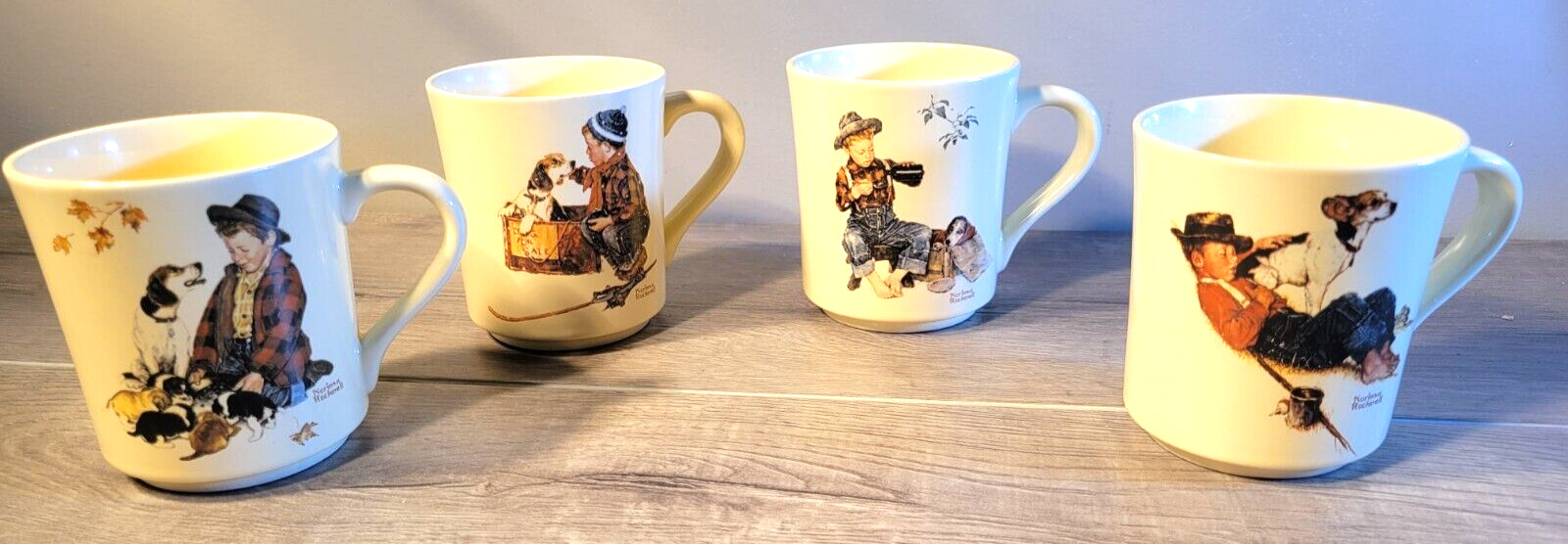 Set of 4 Vintage 1984 Norman Rockwell Museum Coffee Cups White A Boy and His Dog