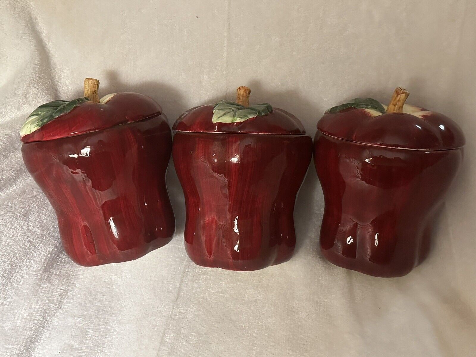 Vintage Ceramic Apple Cookie Jars/Canisters KMC EUC 5 “ Deep  8”w Lid Lot Of 3
