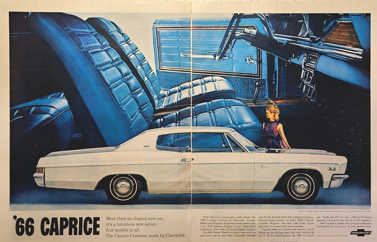 \'66 Chevy Caprice Custom Coupe Turbo-Jet 427 Blue Interior Vintage Print Ad 1965