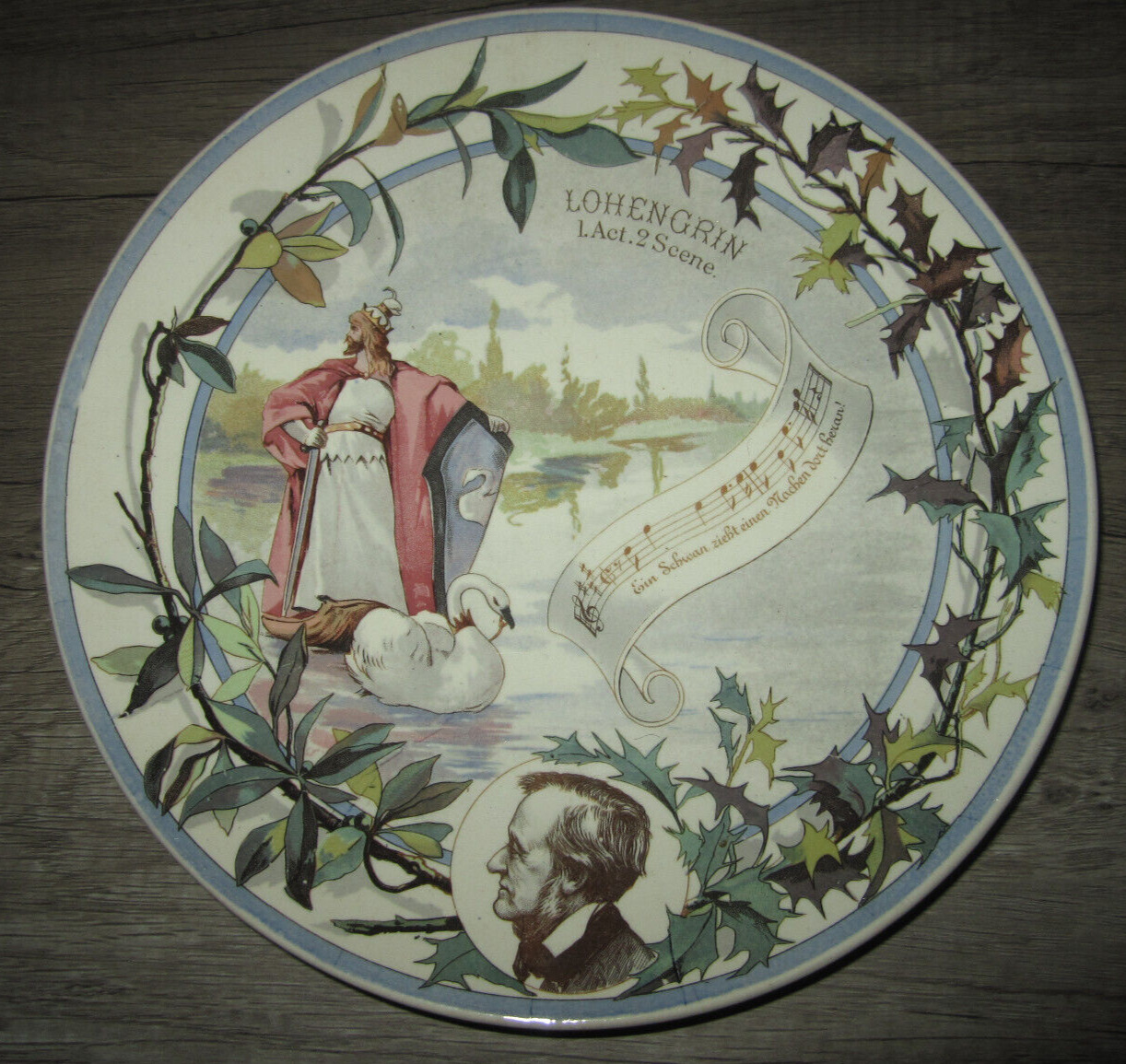Antique French faience Sarreguemines plate, Lohengrin opera Richard Wagner
