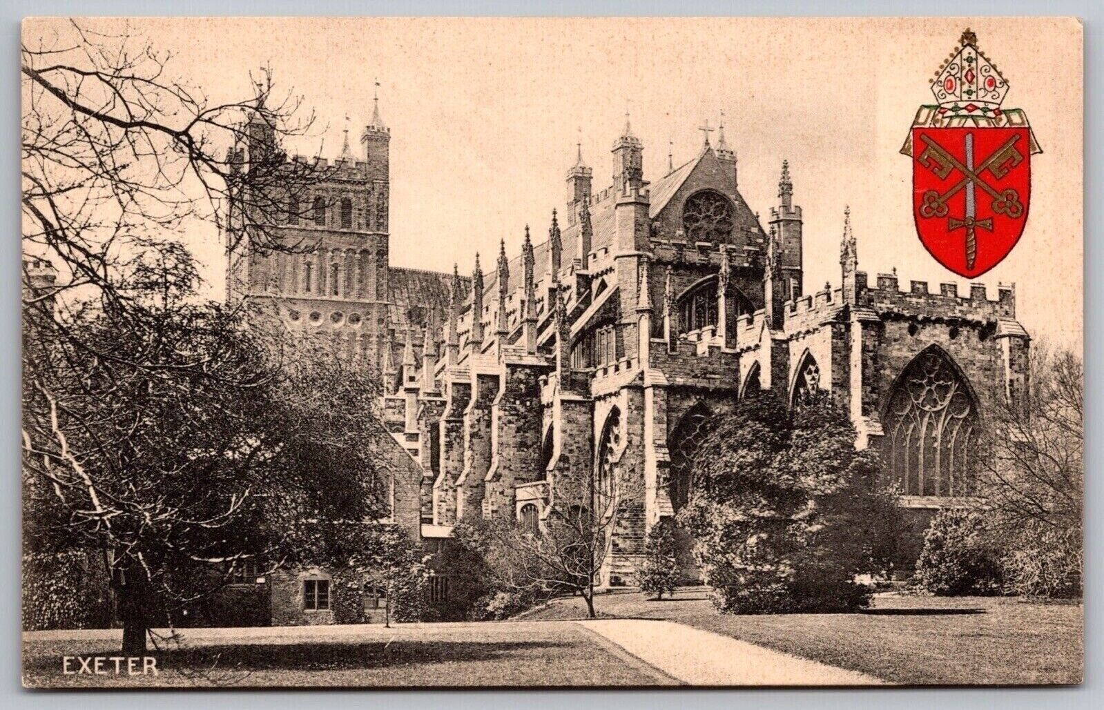 Exeter Great Britain Historic Landmark Cathedral Streetview BW UNP Postcard