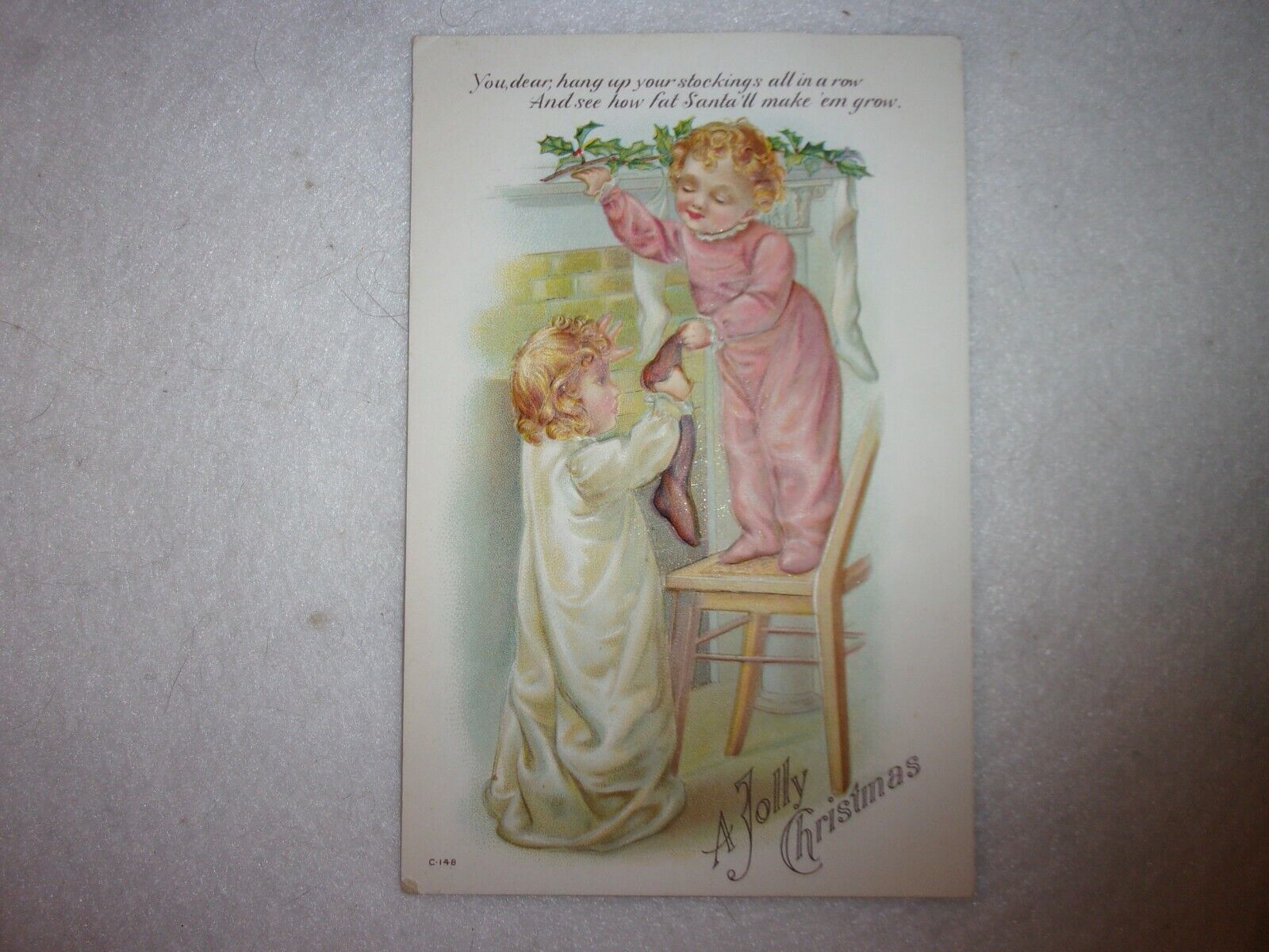 Antique Vintage Christmas Postcard 2 Children Fireplace Mantle Circa 1910