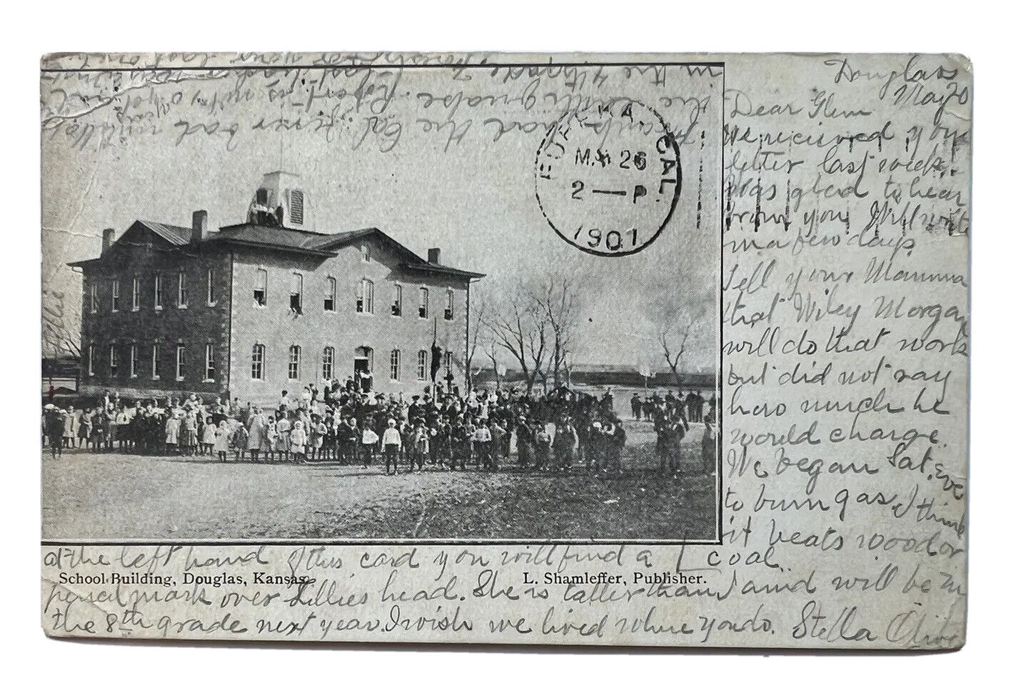 Rare 1901 DOUGLAS KANSAS SCHOOL BUILDING Postcard Butler County Students A3