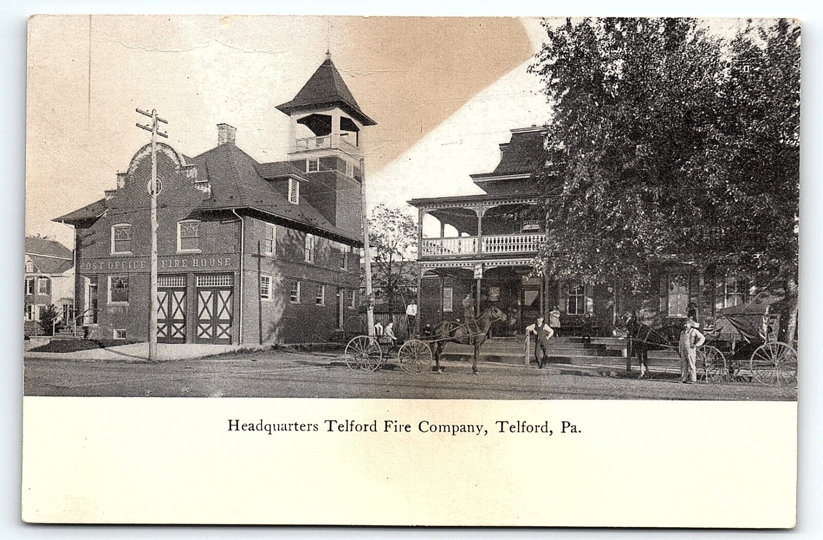 c1910 TELFORD PA HEADQUARTERS TELFORD FIRE HOUSE COMPANY FIREMEN POSTCARD P3913