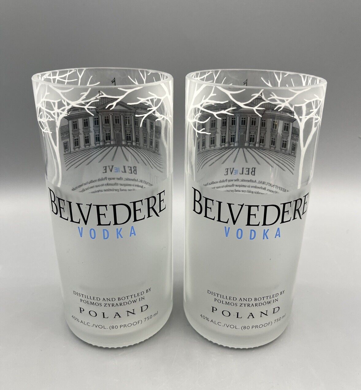 2 Belvedere Vodka 750 ml Hand Cut  Bottle Drinking Glasses, Up cycled Glassware