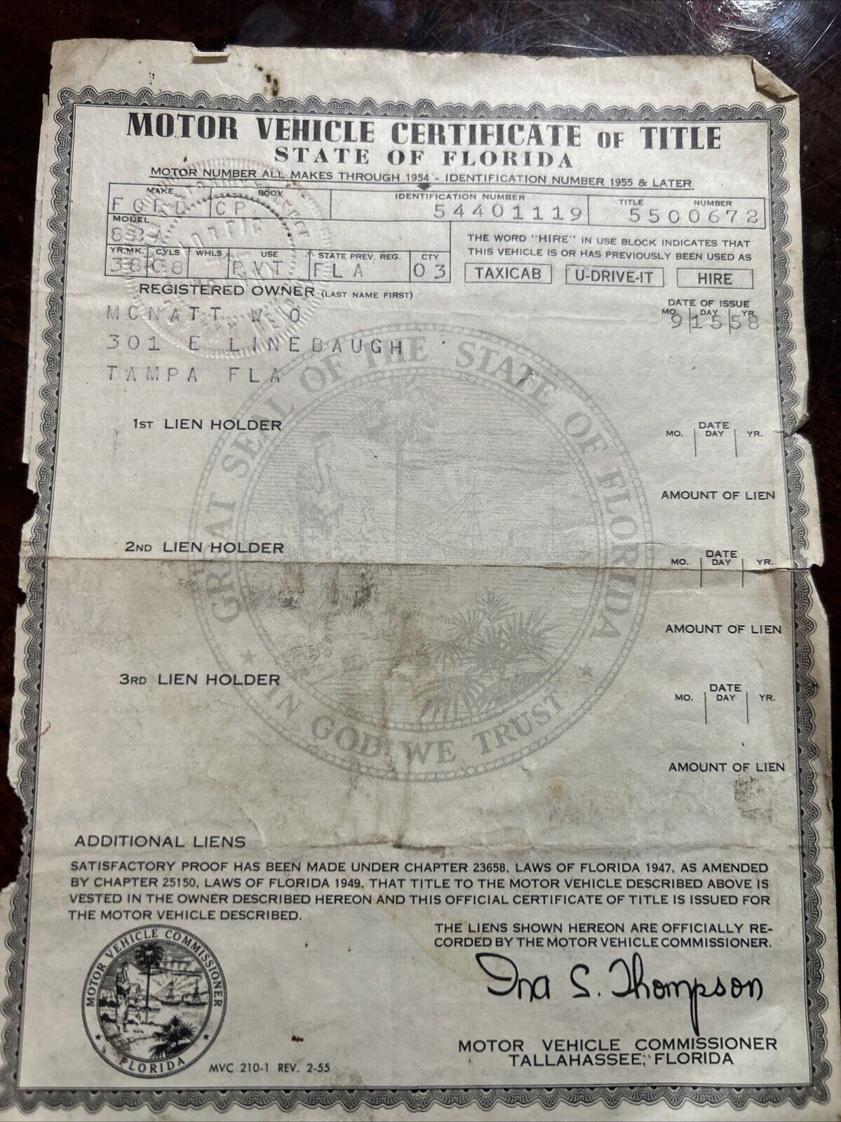 Vtg 1938 Ford Cp Florida Car Title Historical Document 
