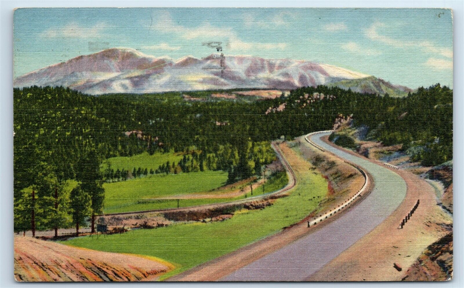 Postcard Pikes Peak from Ute Pass Highway, Woodland Park CO linen J117