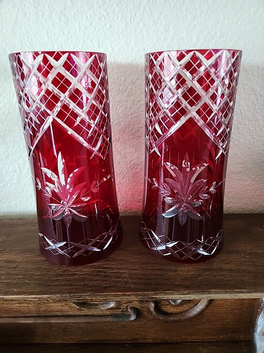 2 - CRANBERRY CYLINDER CHIMNEY CUT TO CLEAR BOHEMIAN GLASS 