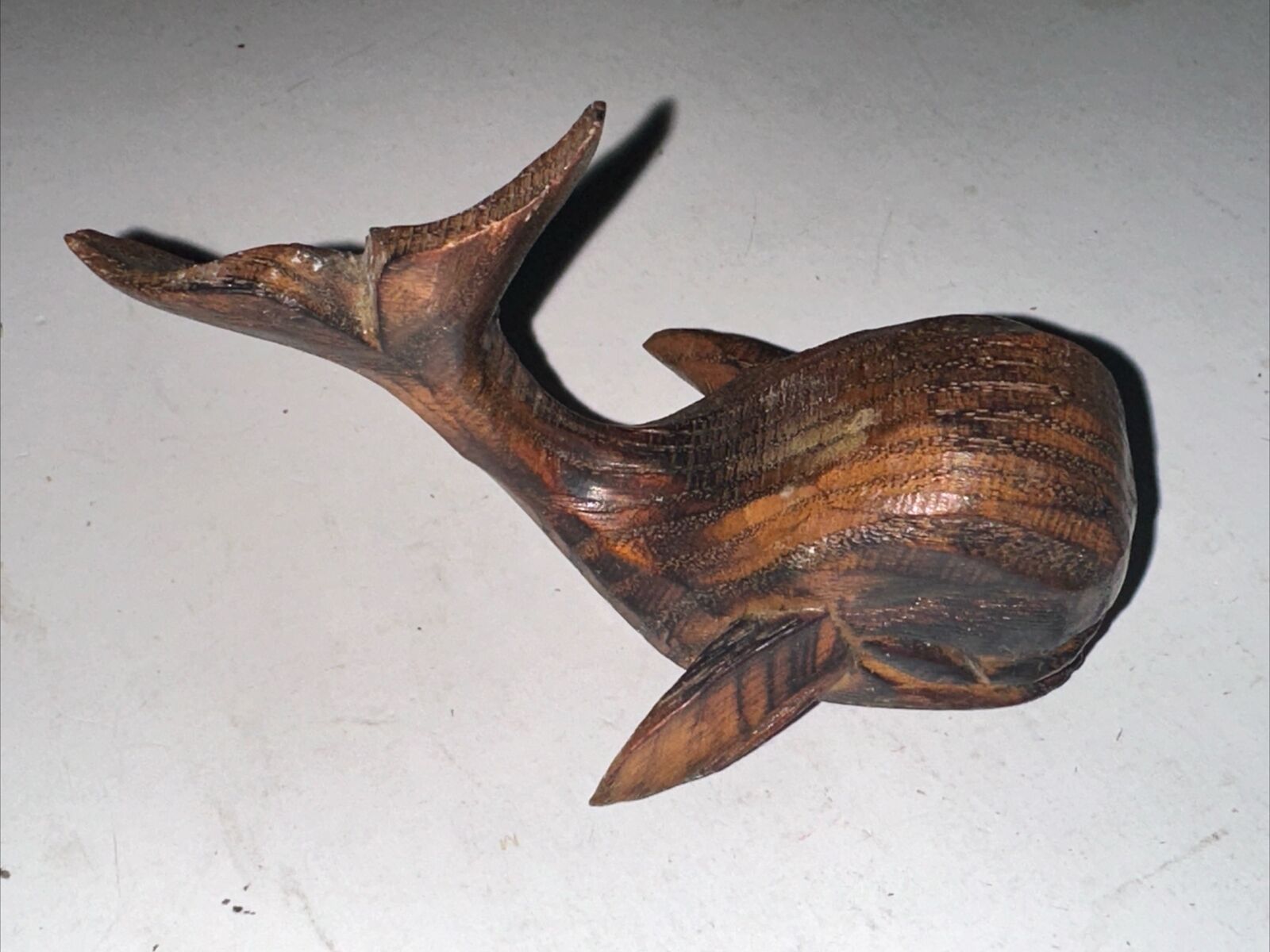 VTG Wood Hand Carved Whale Small Tail Up