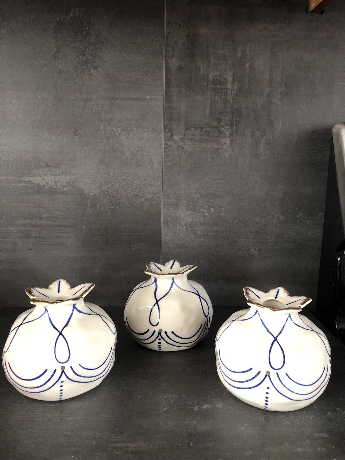 Three White Bud Vases In Pomegranate Shape 4” W With Blue Swirls & Gold Accents