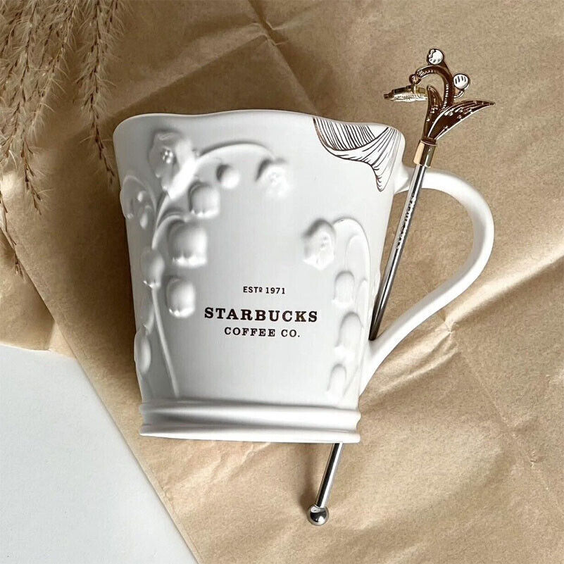 Starbucks Elegant Suzuran White Embossed Ceramic Coffee Mug with Stirring Stick