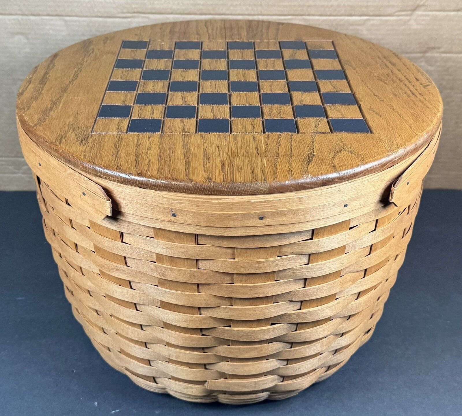 LONGABERGER Rare Large Handmade Wicker Storage Basket With Checkers Game On Top