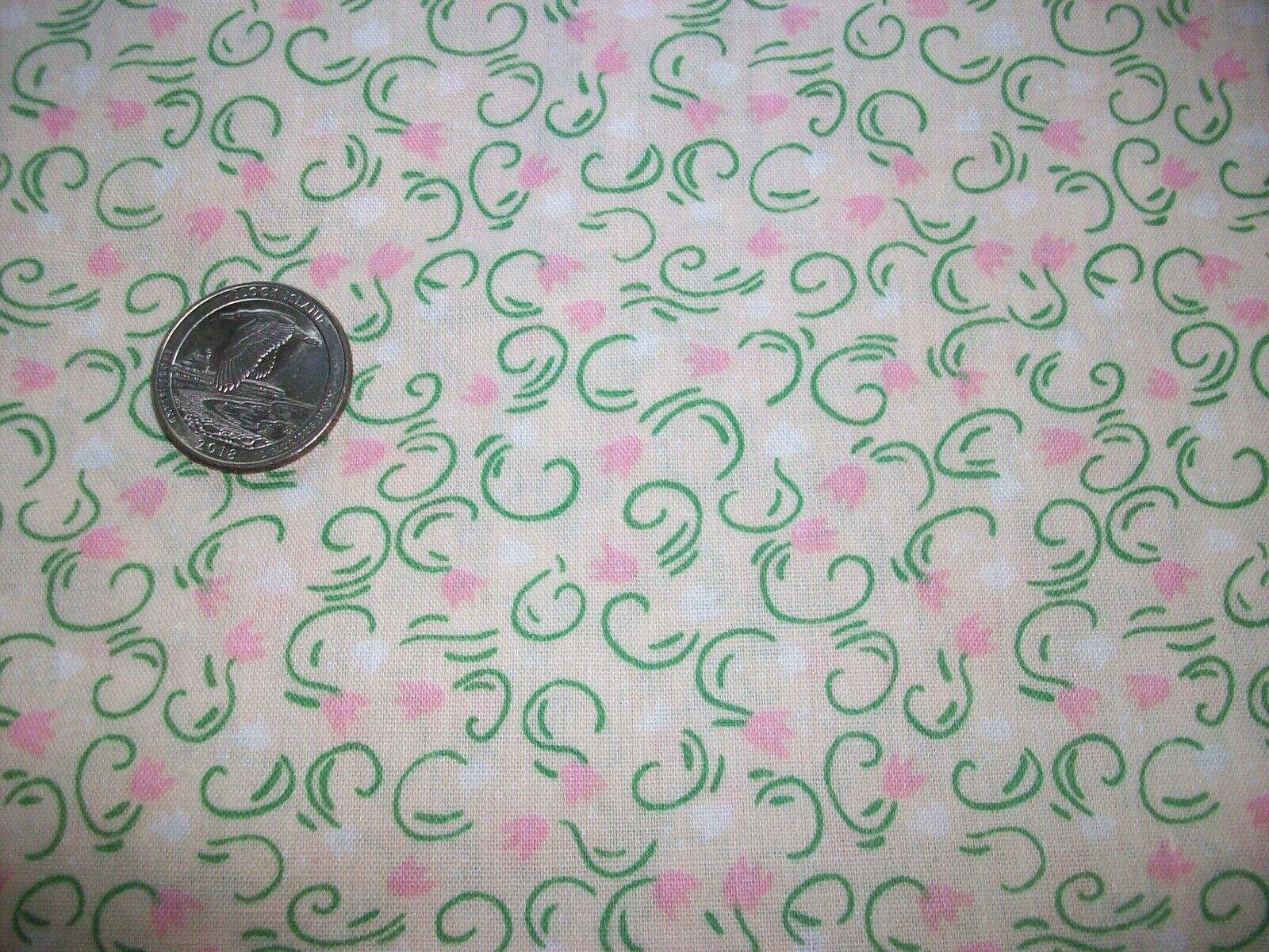 Vintage 50s Cotton Quilt Fabric ~ Ivory Abstract Pink Floral Green Squiggle 1 yd