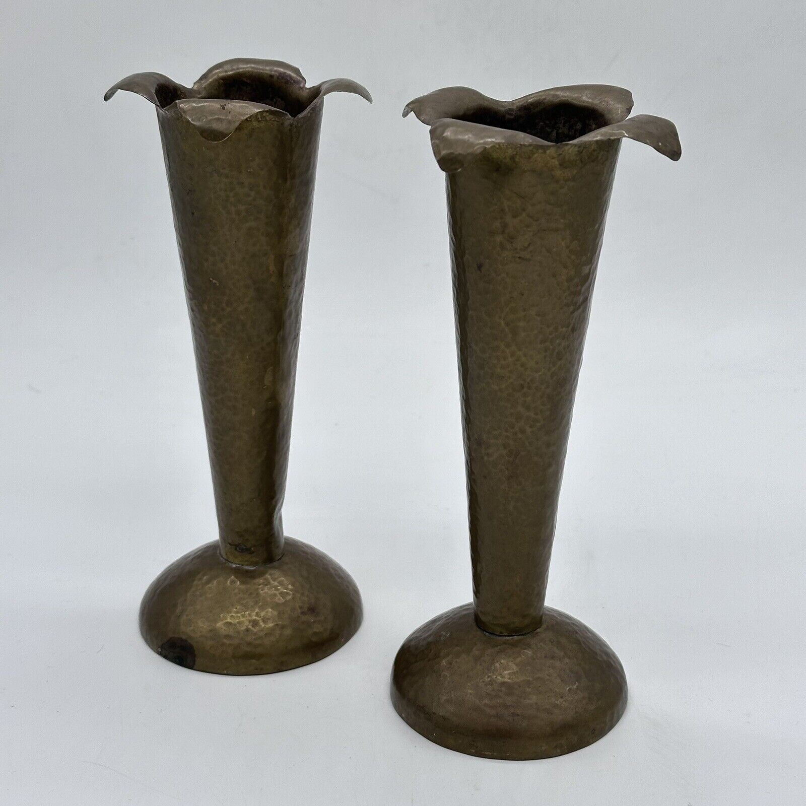 Vintage Metal Vase Hammered Bronze Brass Tulip Ruffled Vases Set Of Two