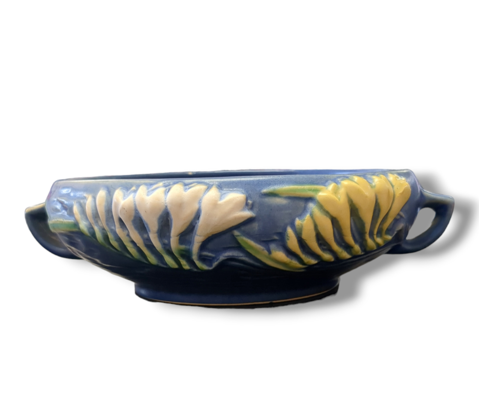 Vintage Roseville Pottery Freesia Bowl, Shape 464-6, Delft Blue
