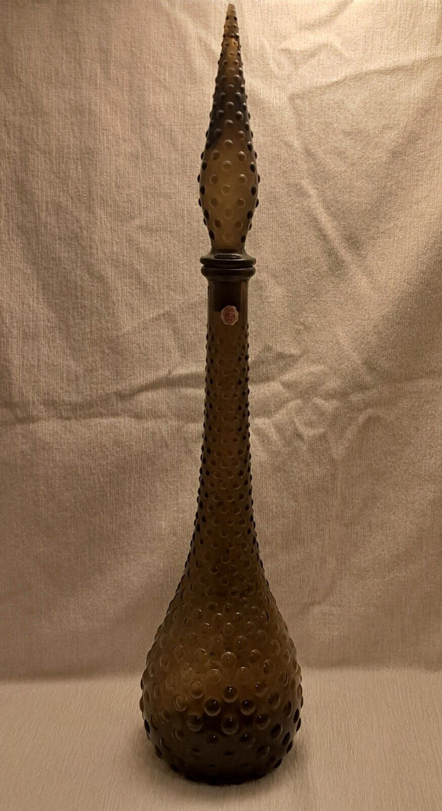 Mid Century Modern Empoli Italy Smokey Brown Art Glass Genie Bottle w Stopper