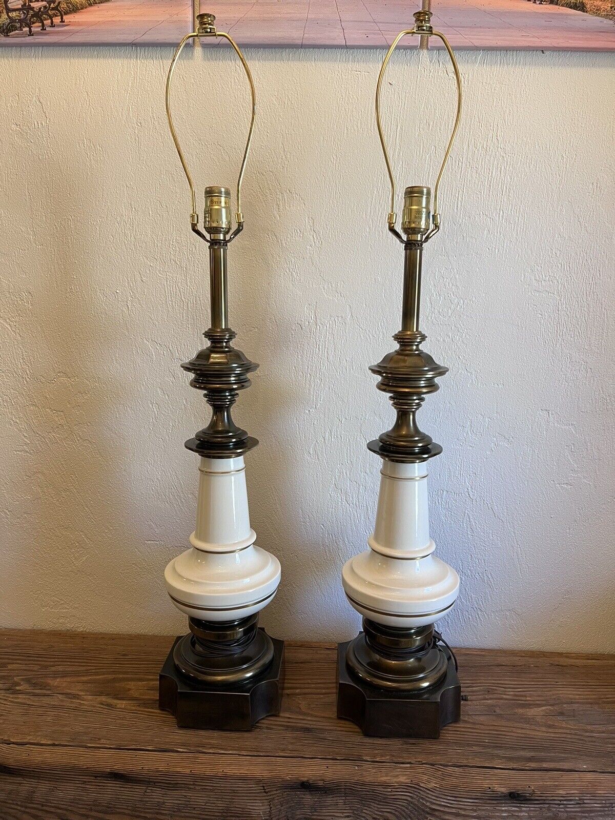 Pair of Vintage Large Stiffel Brass & Cream Color Porcelain Heavy Table Lamps