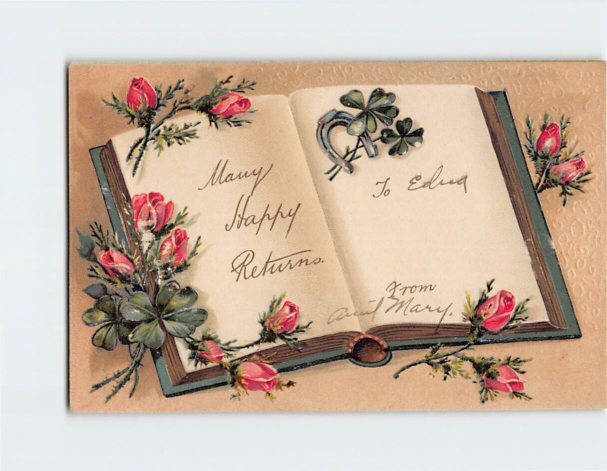 Postcard Many Happy Returns Book & Flower Art Print Embossed Card