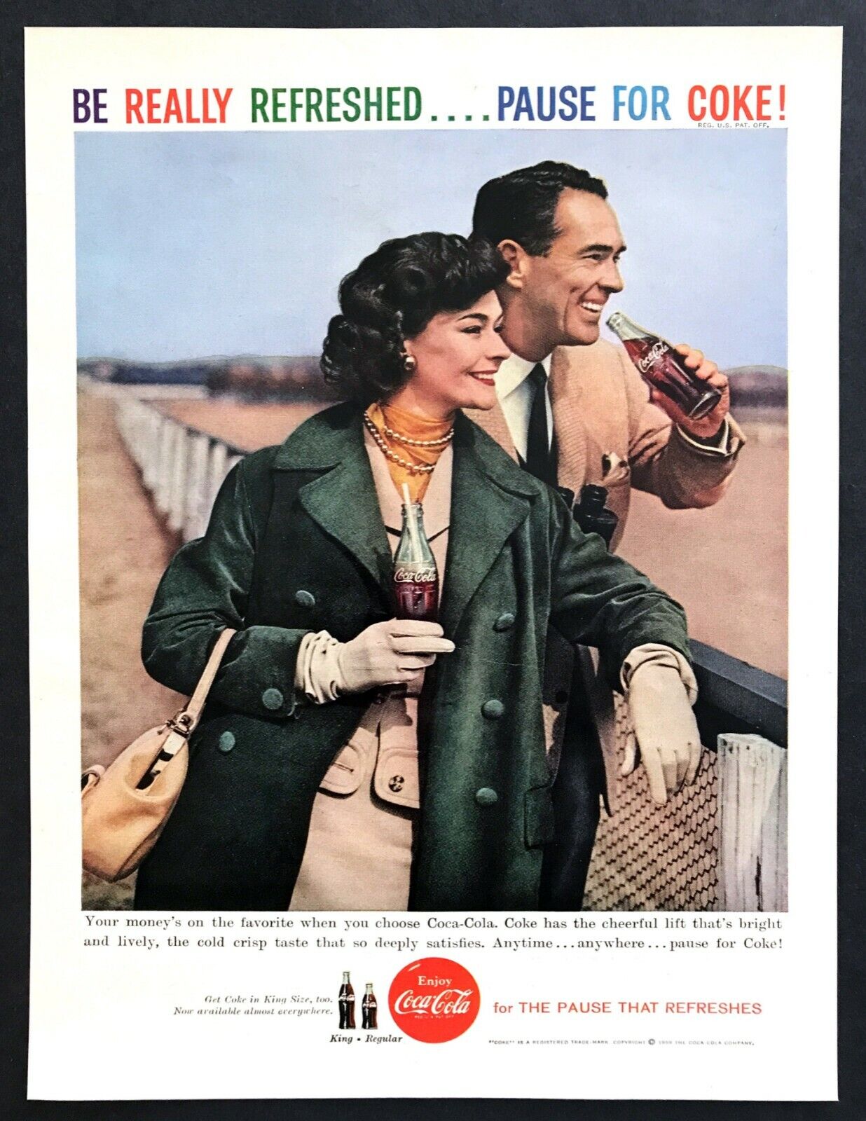 1959 Man & Woman Horse Racing Track photo Coca-Cola Refreshes vintage print ad