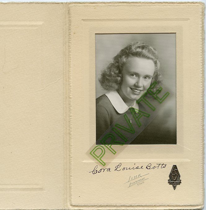 Vintage Photo In Folder-Longmont CO-Young Lady-Cora Louise Botts-Class 1943 