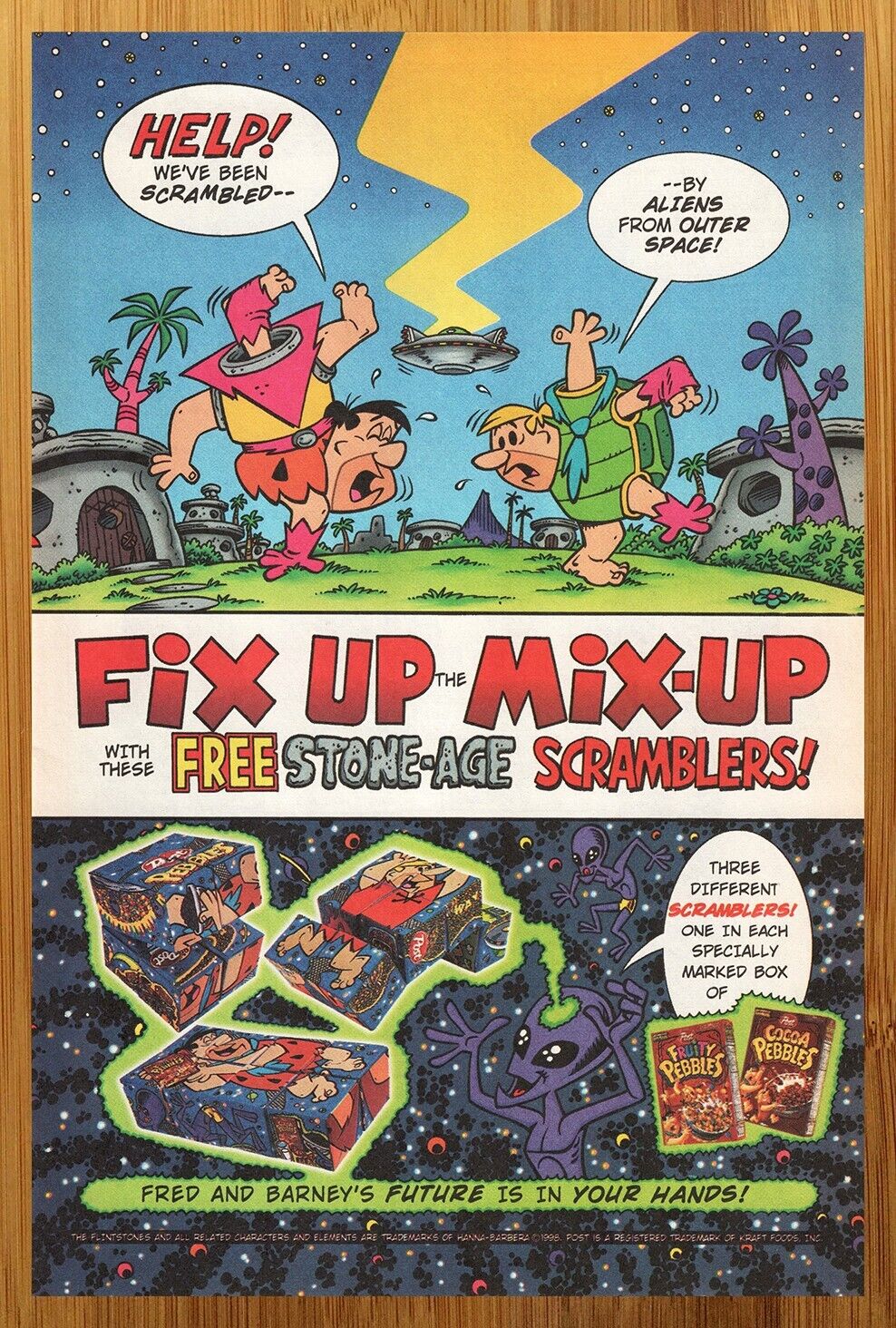 1998 Fruity/Cocoa Pebbles Cereal Print Ad/Poster Flintstones Retro Food Art 90s