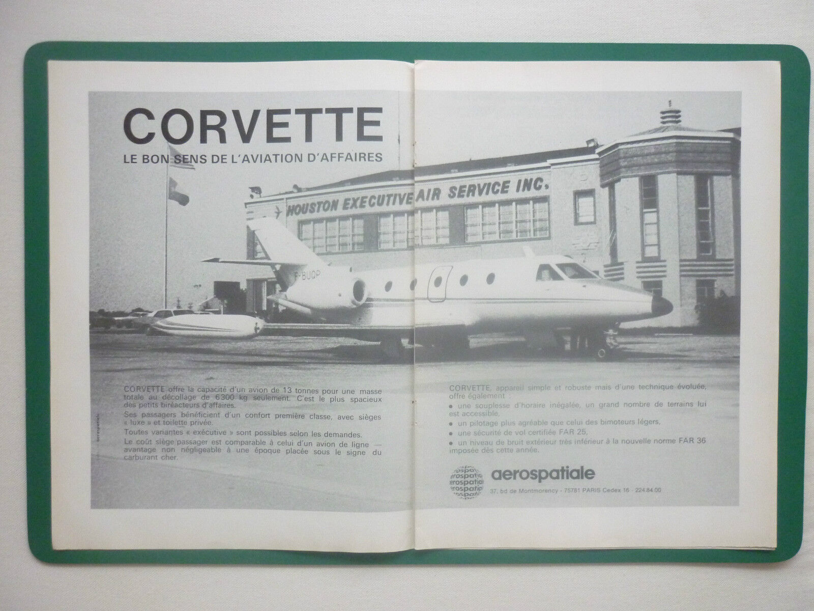 1/1975 PUB AEROSPACE CORVETTE AIRCRAFT BIZJET HOUSTON AIR SERVICE FRENCH AD