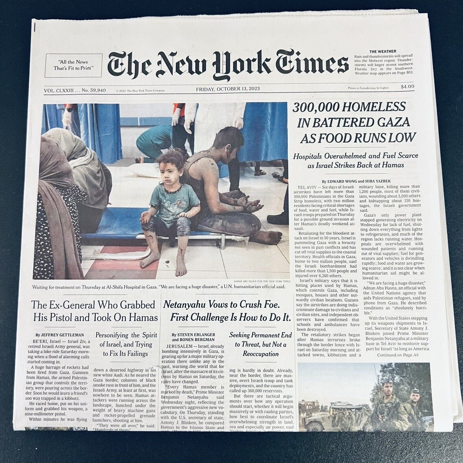 The New York Times Newspaper October 13 2023 300,000 Homeless In Battered Gaza