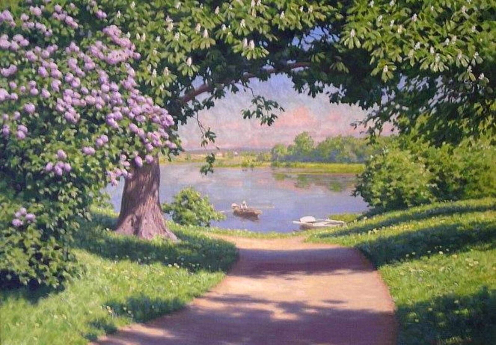 Dream-art Oil painting Johan-Krouthen-Lake-with-boat-and-flowering-lilacs canvas