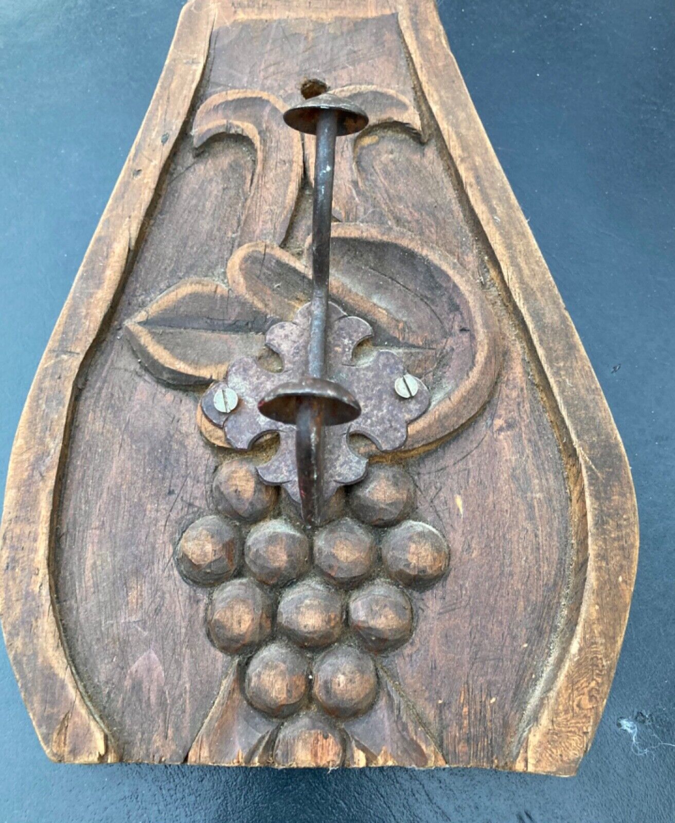 Antique Grapes Plaque Primitive Carved Wood with Iron Hook Hanging Hat Key Rack