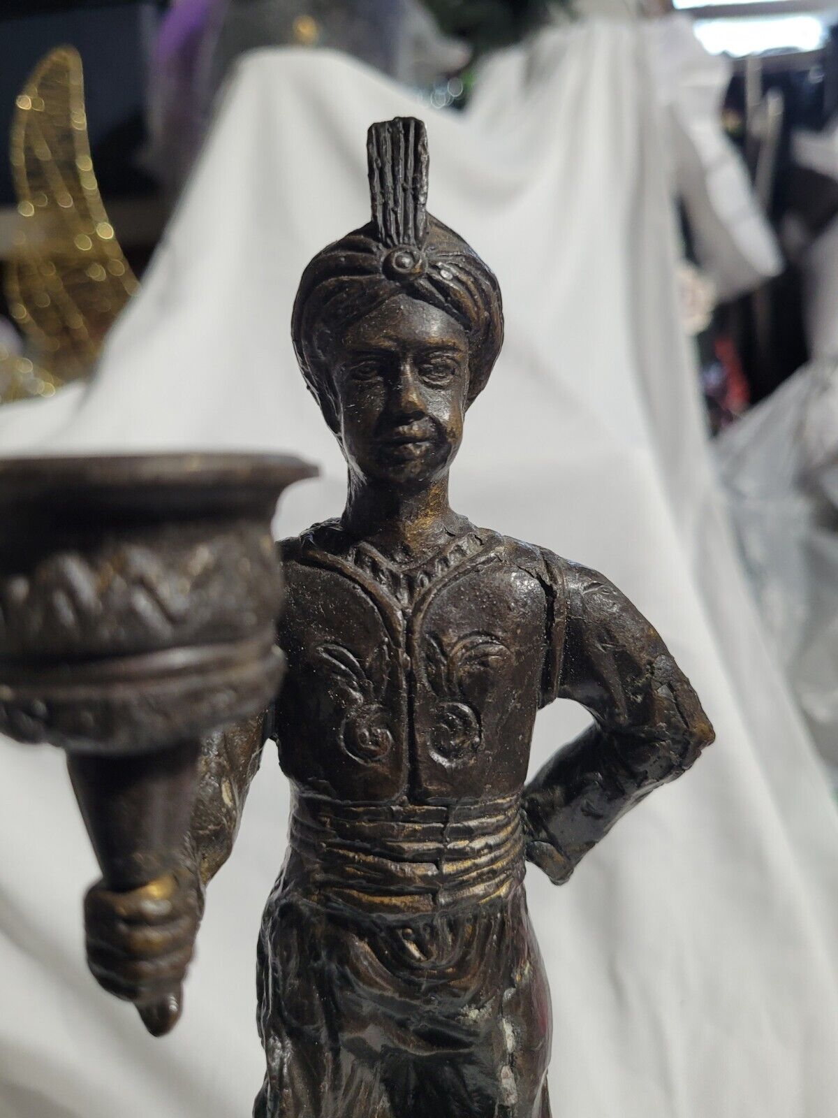 Vintage Cast Bronze Arab Candle Holder About 10 In Tall